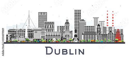 Dublin Ireland city skyline with color buildings isolated on white. Illustration. Dublin cityscape with landmarks. Business travel and tourism concept with modern and historic architecture.