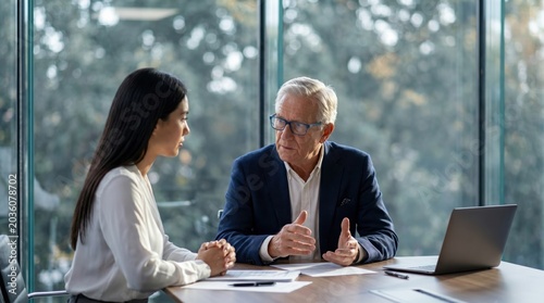 Two diverse business professionals engaged in serious discussion during a meeting in a modern office with large windows.