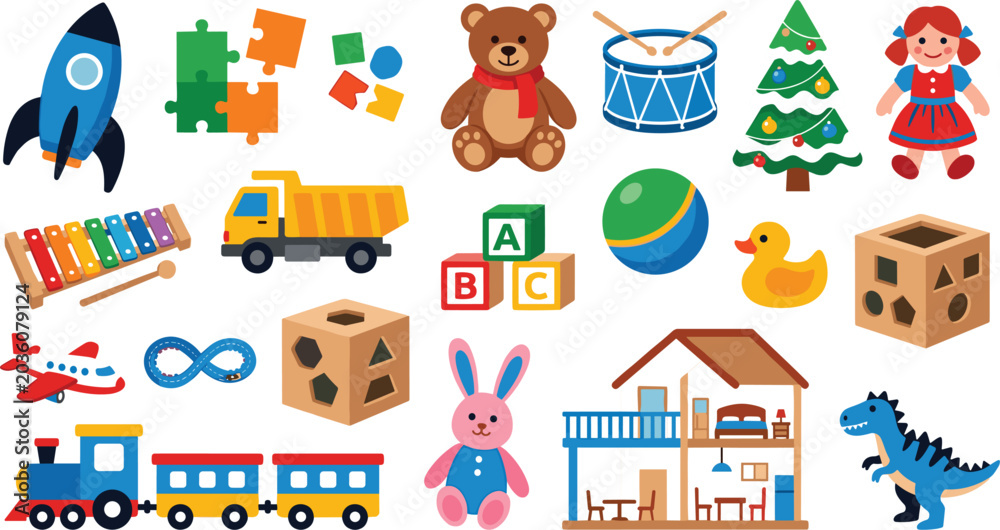 Naklejka premium Childrens Colorful Toy Icon Set with Teddy Bear Train Truck Doll and Rocket Vector Illustration for Kindergarten Education and Kids Designs