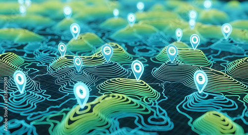 Digital topographic map visualization with glowing blue location pin icons on futuristic wireframe terrain location navigation topographic wireframe visualization technology futuristic