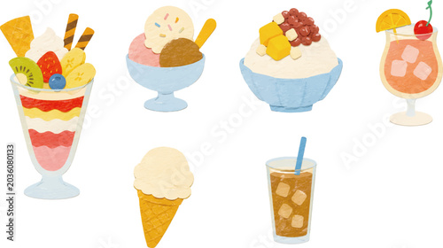 Papercut summer dessert vector set, cute paper craft cafe drinks and ice cream illustration isolated on white background