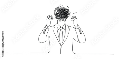 Bild auf Leinwand Continuous line drawing of a businessman with a tangled head