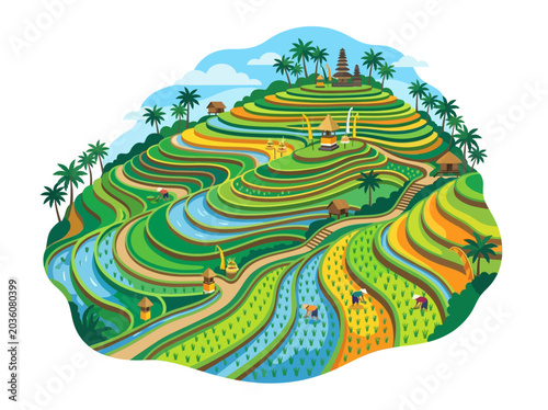 Foto Beautiful Terraced Rice Fields in Bali, Indonesia, Featuring Lush Greenery and T