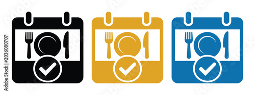 Calendar icons with plate fork and knife and check mark for meal planning and reservations isolated on white background
