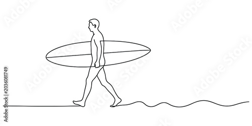 Photography Continuous line drawing of a surfer walking with a surfboard