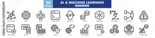 ai and machine learning icon set in line style, icon set containing neural network, llm chip, ai agent, prompt editor, rlhf, api. editable stroke. vector illustration.