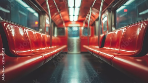 Modern plastic seats and chrome handrails inside an electric train carriage car,Empty Subway car inside view, vacant seats, Interior of a passenger train.