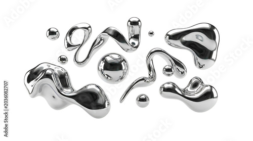 3d chrome metal organic fluid shapes and stars. Abstract liquid mercury metallic icon. 3d rendering aluminum gradient shape design . Brutalist futuristic style