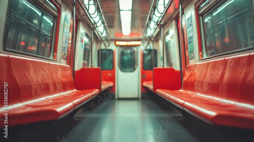 Modern plastic seats and chrome handrails inside an electric train carriage car,Empty Subway car inside view, vacant seats, Interior of a passenger train.