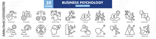 Bild auf Leinwand business psychology icon set in line style, icon set containing cognitive bias, loss aversion, decision fatigue, status quo, scarcity mind, social proof