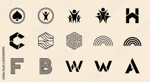 Collection of diverse abstract modern logos and icons on beige background