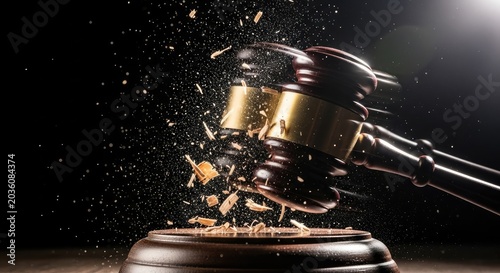 Gavel smashing on sound block with wood chips flying