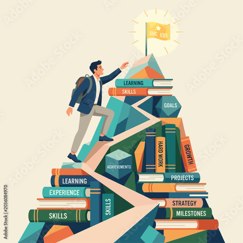 Man climbing book staircase to success.