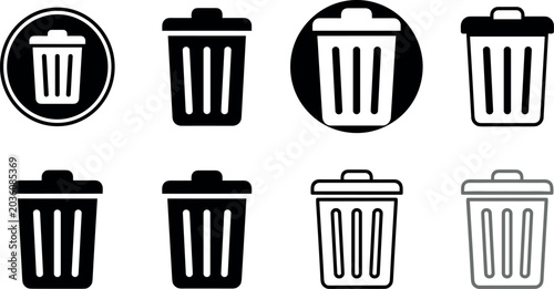 Foto Trash can icon vector set with garbage bin outline and solid silhouette symbols