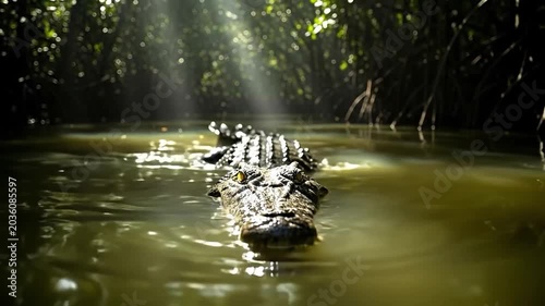Close up of a dangerous crocodile head emerging from murky swamp water in a dark mangrove forest, representing stealth, predatory nature, and wild wilderness survival