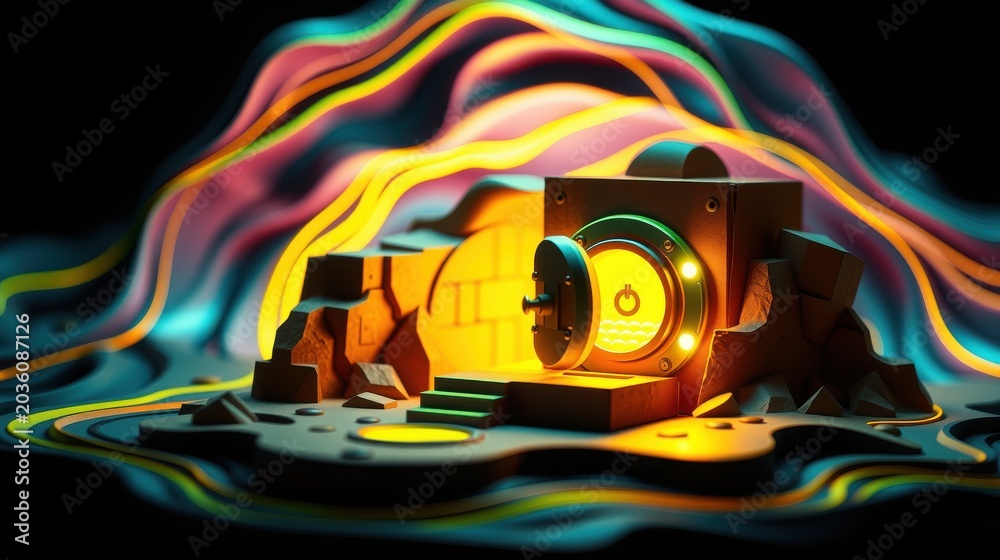 Obraz premium Abstract scene features glowing vault door, brickwork, colorful fluid shapes. Dramatic lighting creates surreal atmosphere.