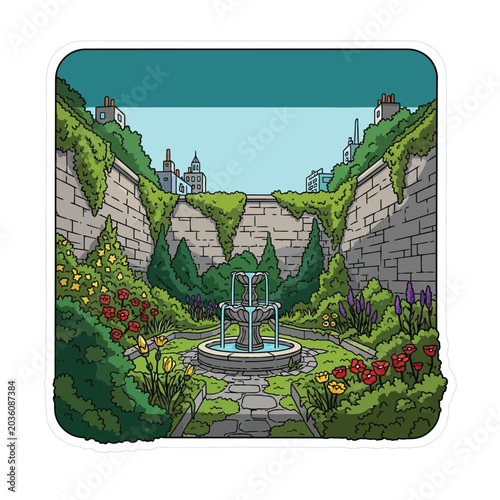 Schilderij op canvas elegant fantasy castle garden with fountain and lush greenery isolated on transp