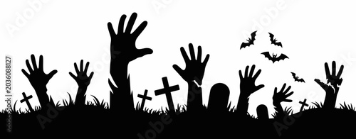 Tableau sur toile Halloween Zombie Hands Cemetery Silhouette: Creepy Graveyard Undead Rising Vecto