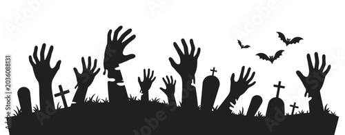 Cuadro en lienzo Halloween Zombie Hands Cemetery Silhouette: Creepy Graveyard Undead Rising Vecto