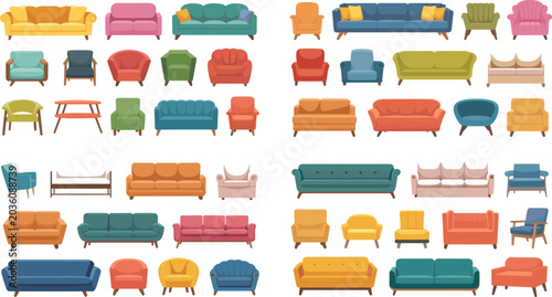 Fotografie Colorful Sofa and Armchair Furniture Vector Collection with Retro Modern Living