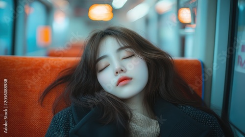 Young woman sleeping in train subway seats red,student or adult tired,afterschool and After work,Subway car inside view,Interior of a passenger train.