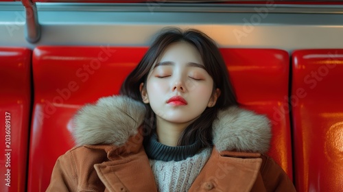 Young woman sleeping in train subway seats red,student or adult tired,afterschool and After work,Subway car inside view,Interior of a passenger train.