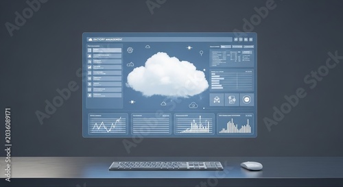 Futuristic cloud computing dashboard interface displaying data analytics, charts, and system monitoring on a digital screen with a keyboard and mouse.