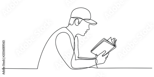 Cuadro en lienzo Continuous line drawing of a man wearing a cap reading a book