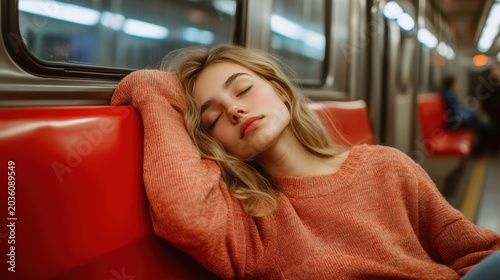 Young woman sleeping in train subway seats red,student or adult tired,afterschool and After work,Subway car inside view,Interior of a passenger train.