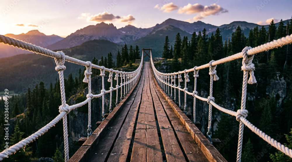 Fototapeta premium Wooden rope bridge stretches over misty mountain peaks beneath a breathtaking golden sunset.