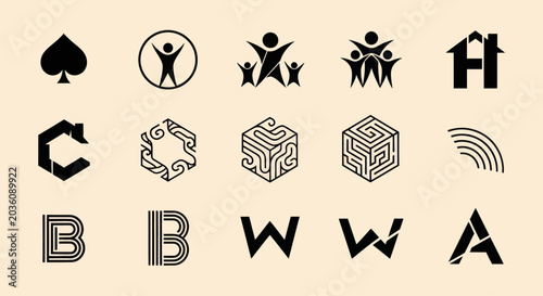Collection of Modern Black Logos and Icons on Beige Background