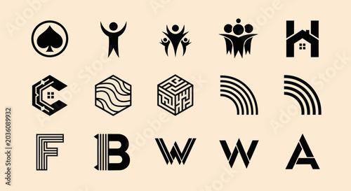 Collection of Modern Black Logos and Icons on Beige Background