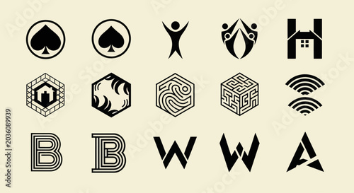 Collection of Modern Black Logos and Icons on Cream Background