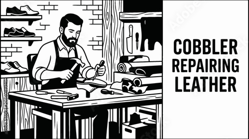 Tableau sur toile cobbler repairing leather shoes black and white in a small workshop representing