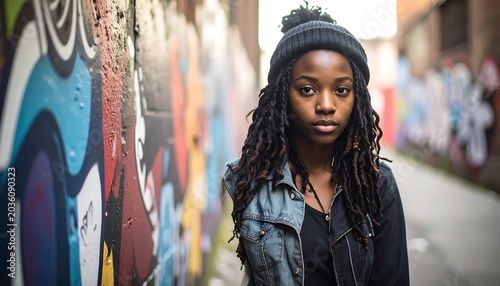 Serious Young Woman Standing in Graffiti Covered Urban Alley