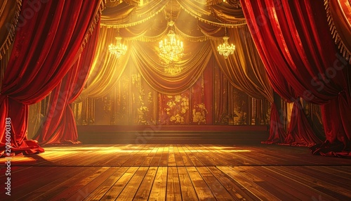 Elegant theater stage featuring red velvet curtains and ornate chandeliers, creating a dramatic and luxurious ambiance.