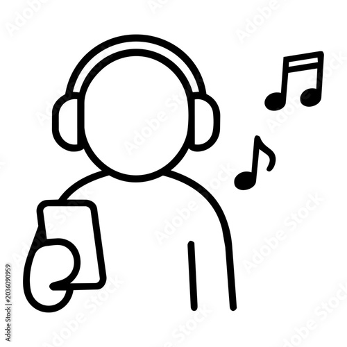 ヘッドホンを着けてスマートフォンで音楽を聴く人物をシンプルな線画で表現したモノクロアイコン素材です。
音楽配信、オーディオ、動画視聴、エンタメ、リラックスタイムをテーマにしたミニマルデザインです。