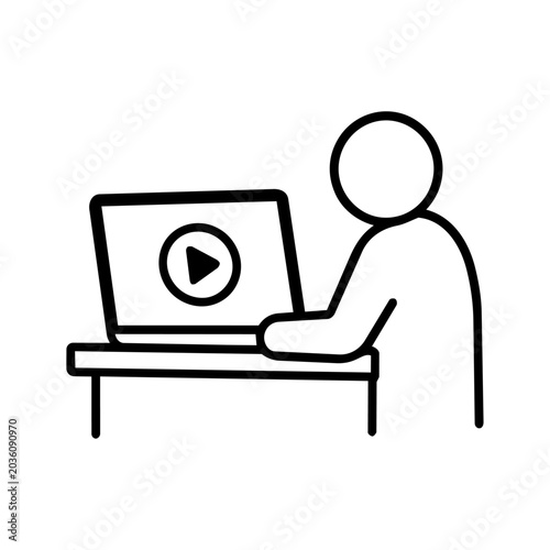ノートパソコンで動画を視聴する人物をシンプルな線画で表現したモノクロアイコン素材です。
動画配信、オンライン学習、リモートワーク、エンタメ視聴をテーマにしたミニマルデザインです。