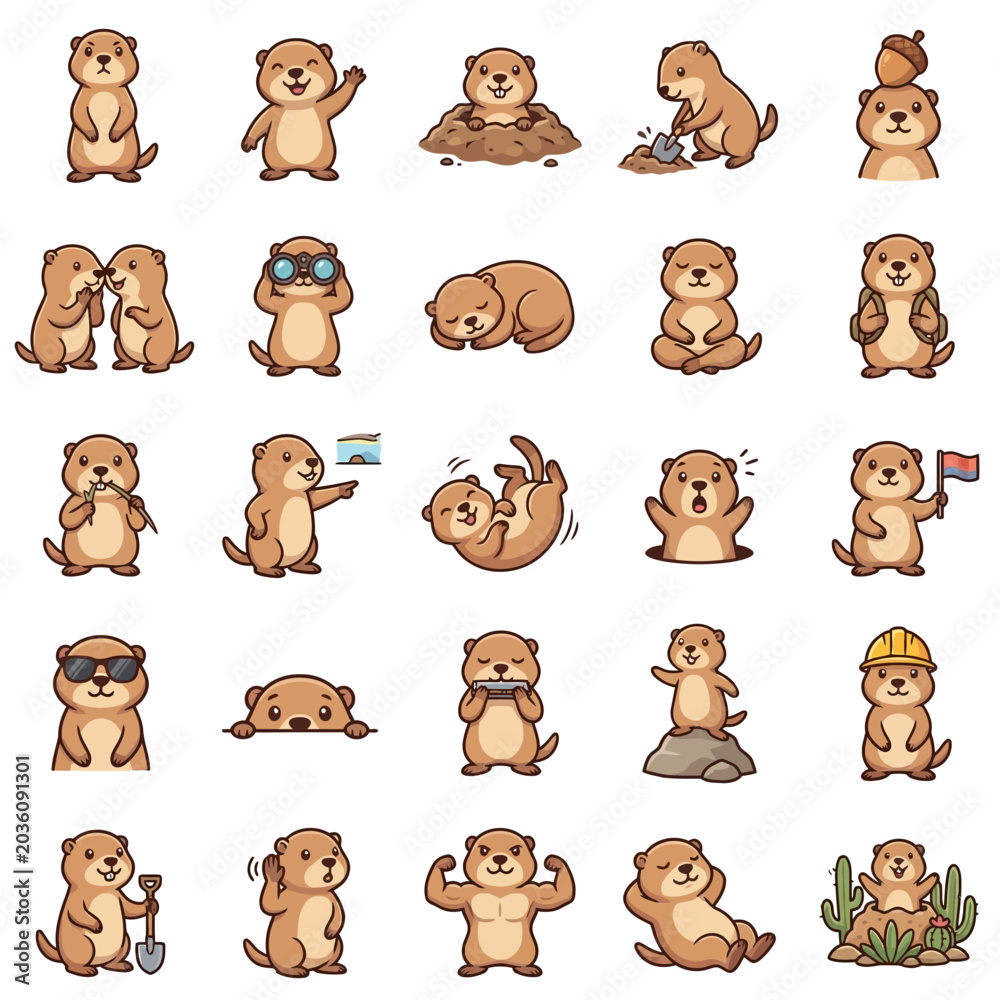 Fototapeta premium Brown marmot groundhog characters in different funny situations