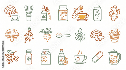 Functional wellness and adaptogenic beverage icon set featuring flat line vector icons for mushroom coffee matcha kombucha and healthy drinks isolated on white background
