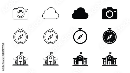 Collection of icons depicting photography, navigation, and historic buildings