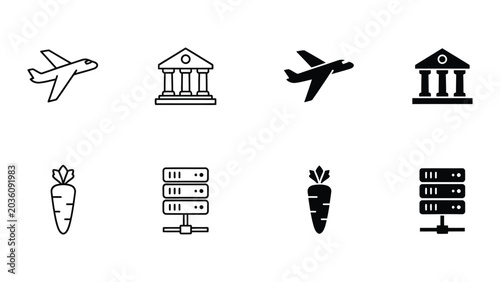 Contrasting icons representing travel, culture, agriculture, and technology sectors