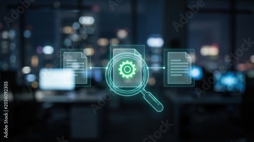 Automated Document Audit Concept: Razor Sharp Holographic Magnifying Glass Interacting with Glowing Data and Gear Interface