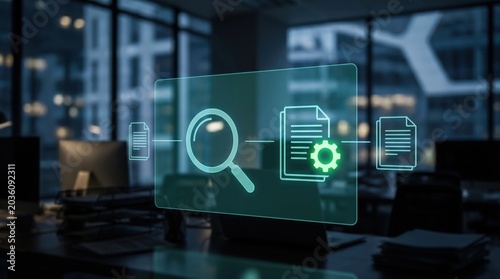Automated Document Audit Concept: Razor Sharp Holographic Magnifying Glass Interacting with Glowing Data and Gear Interface