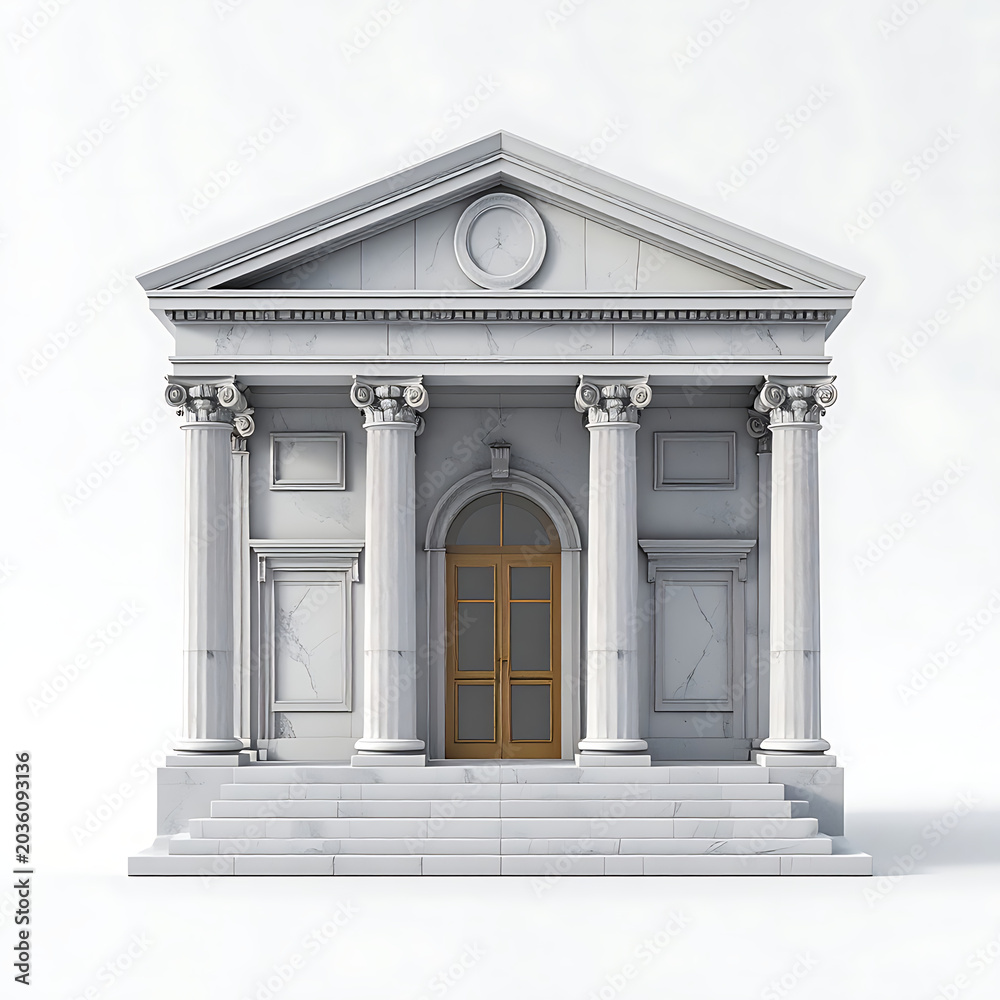 Obraz premium Isolated classical bank building facade with columns and golden doors, representing finance and architecture, neutral background