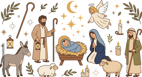 Cuadro en lienzo Cute Nativity Scene Christmas Vector Illustration Set with Baby Jesus Mary Josep