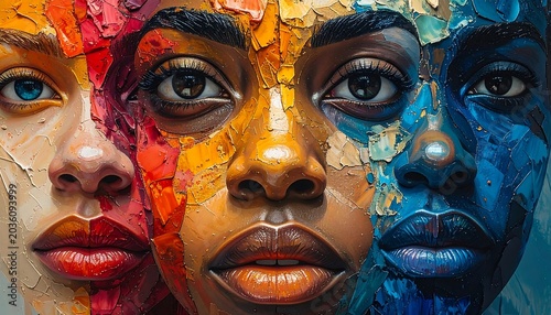 Vibrant Female Faces Blended with Thick Paint in Abstract Colorful Composition