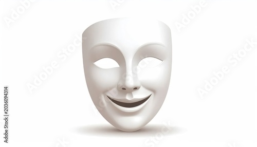 Smiling white theater mask representing the comedy genre.
