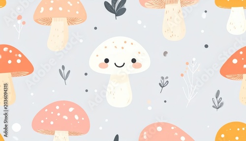 Smiling white mushroom character pattern with red toadstools.