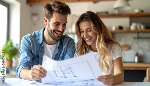 Smiling young couple holding blueprints in modern kitchen.